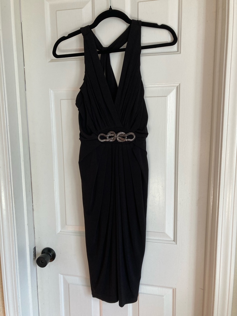 London Times Black Sleeveless Midi Dress with Jeweled Waist Detail